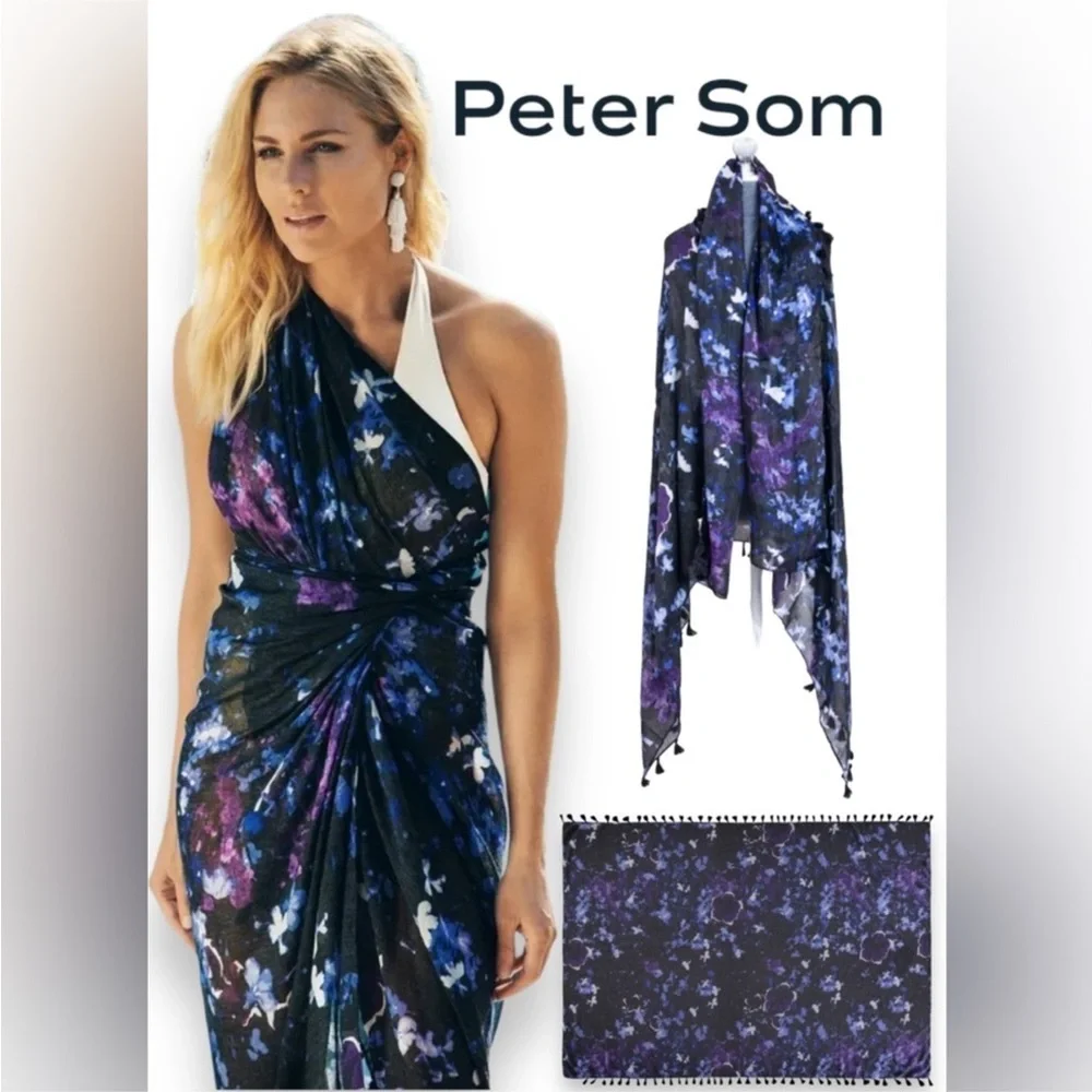 Peter Som Dream Floral Print beach fringe Sarong in Meteorite Black Blue